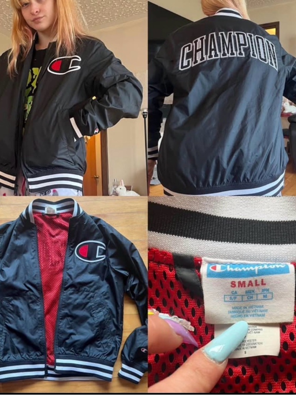 Champion Black Bomber Jacket with White & Red Logo